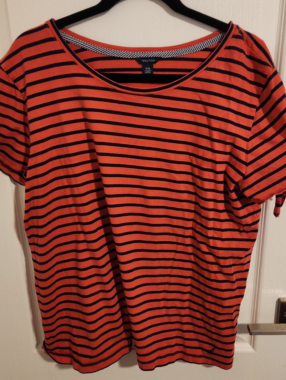 Nautica Coral and Black Striped Crewneck Tee